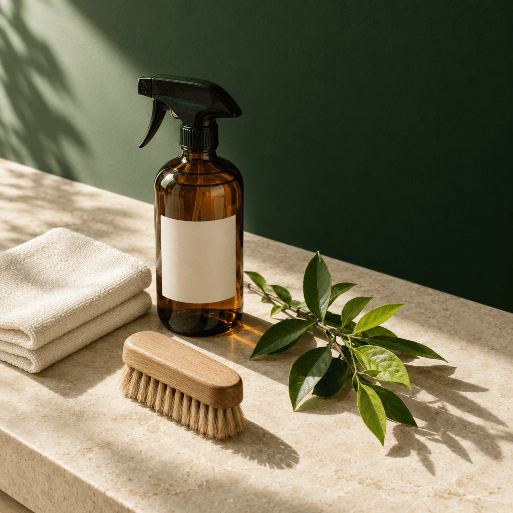 Folded cleaning cloth, glass spray bottle and natural-bristle brush on a sunlit counter